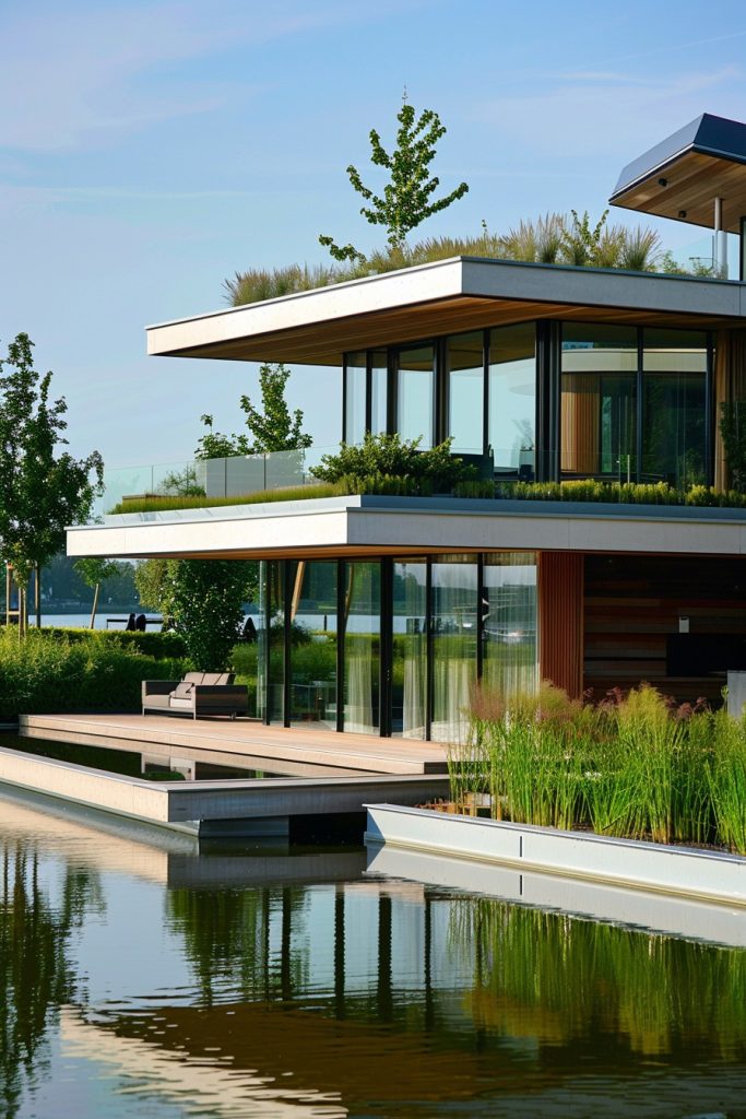 modern floating house with gardens