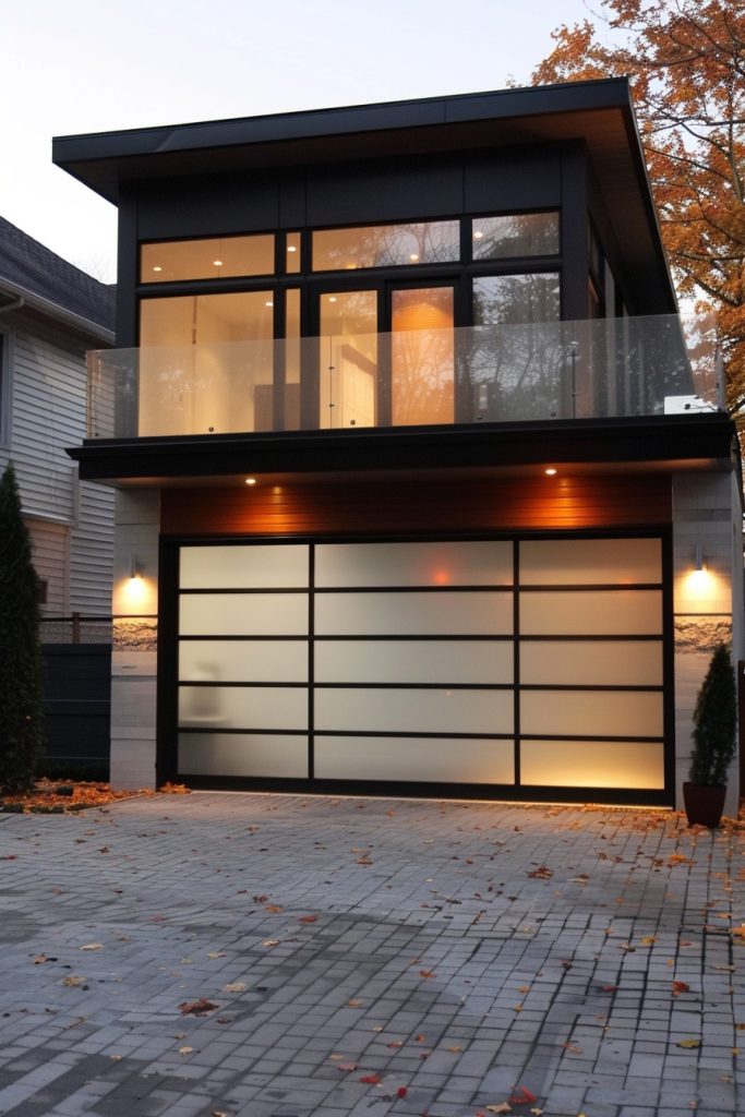 modern garage with frosted glass door