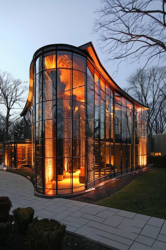 modern glass house curved facade