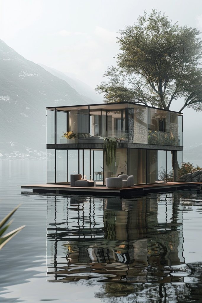 modern glass house floating on the lake