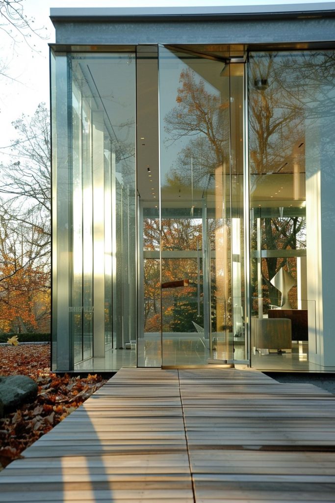 modern glass house with frameless glass doors
