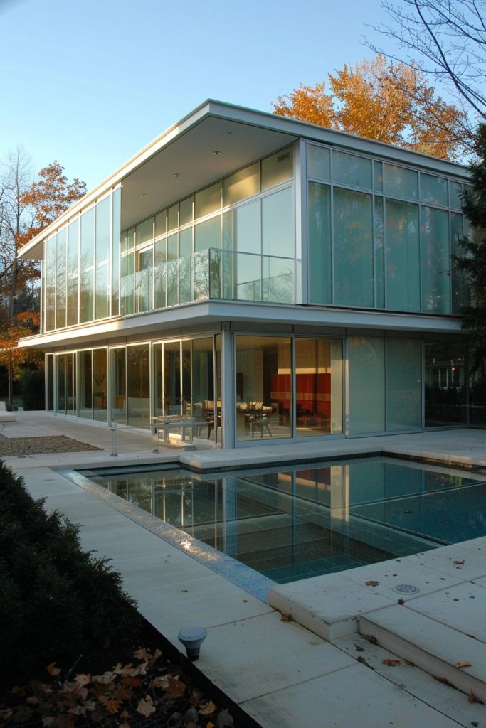 modern glass house with frosted glass sections