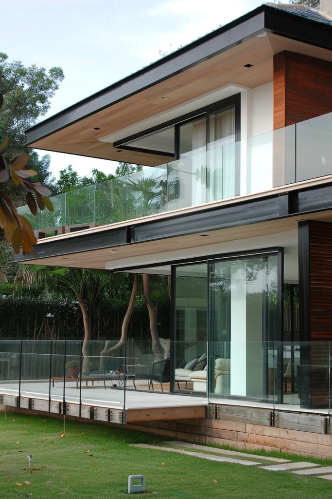 modern glass house with glass balcony railings