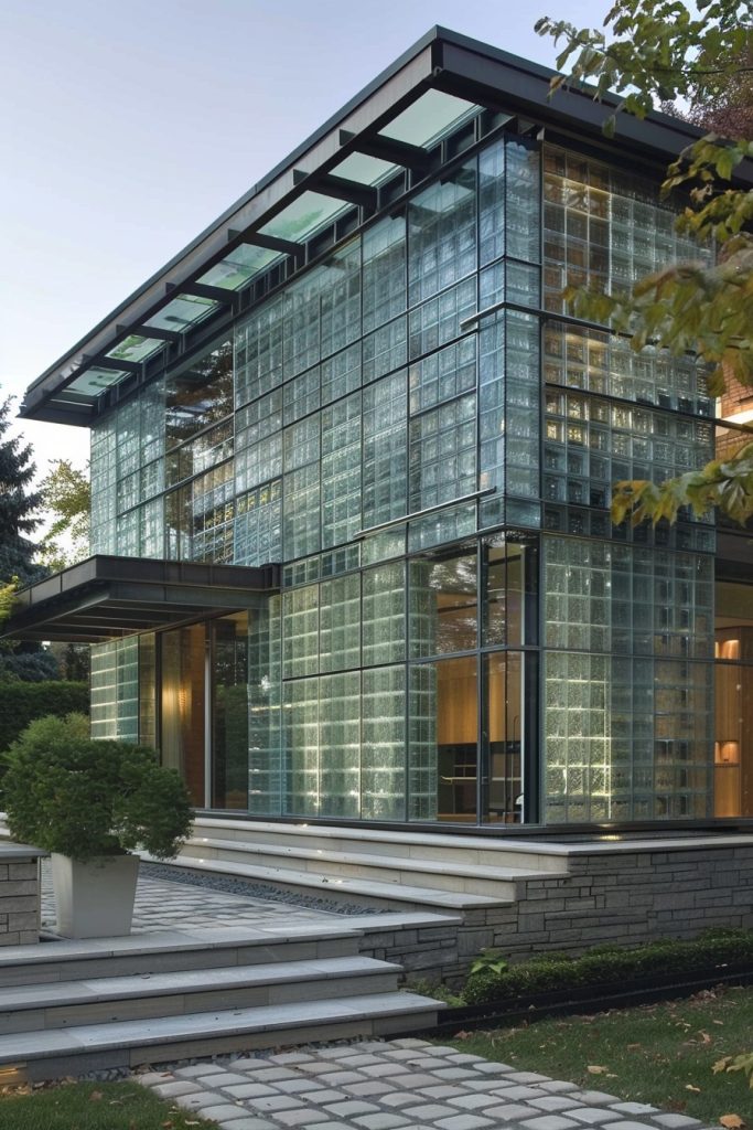 modern glass house with glass bricks