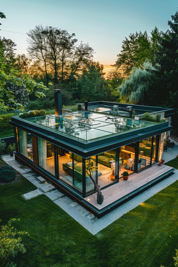 modern glass house with glass roof