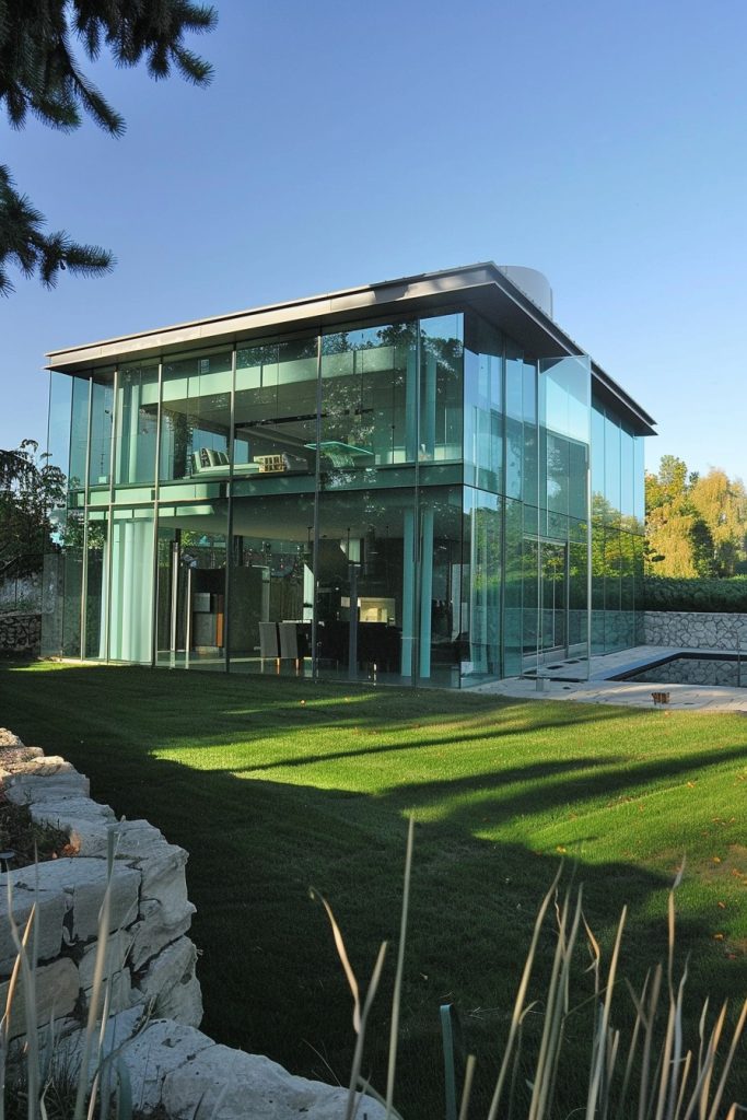 modern glass house with seamless glass corners