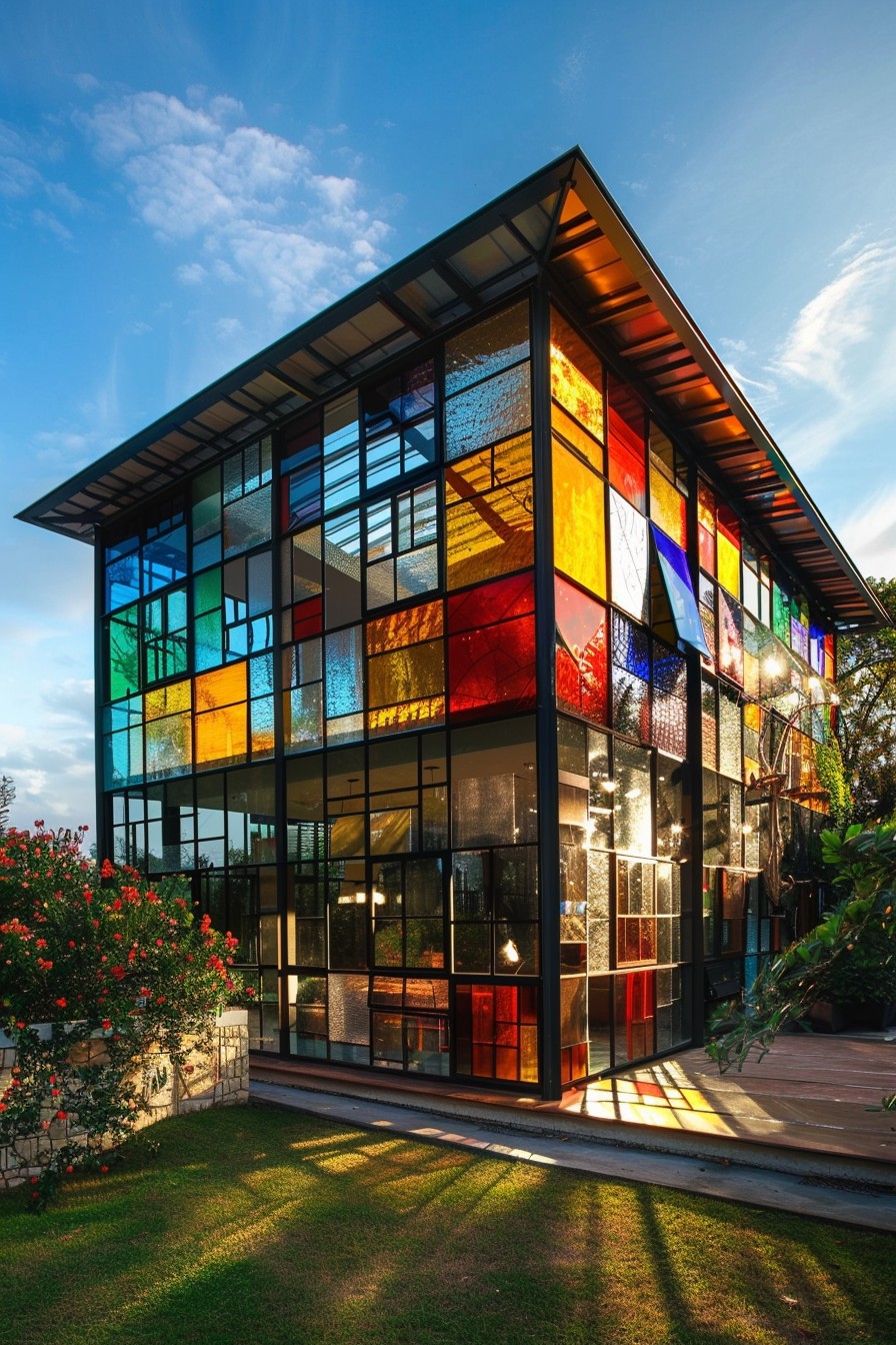 modern glass house with stained glass