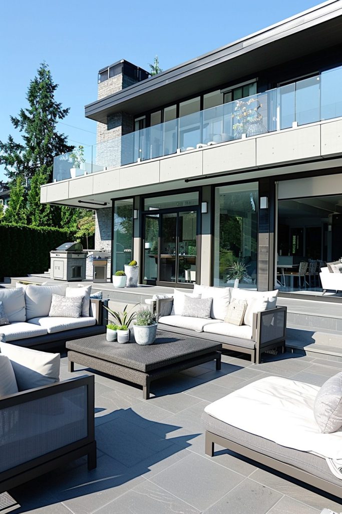 modern grey house patio with white and grey furniture