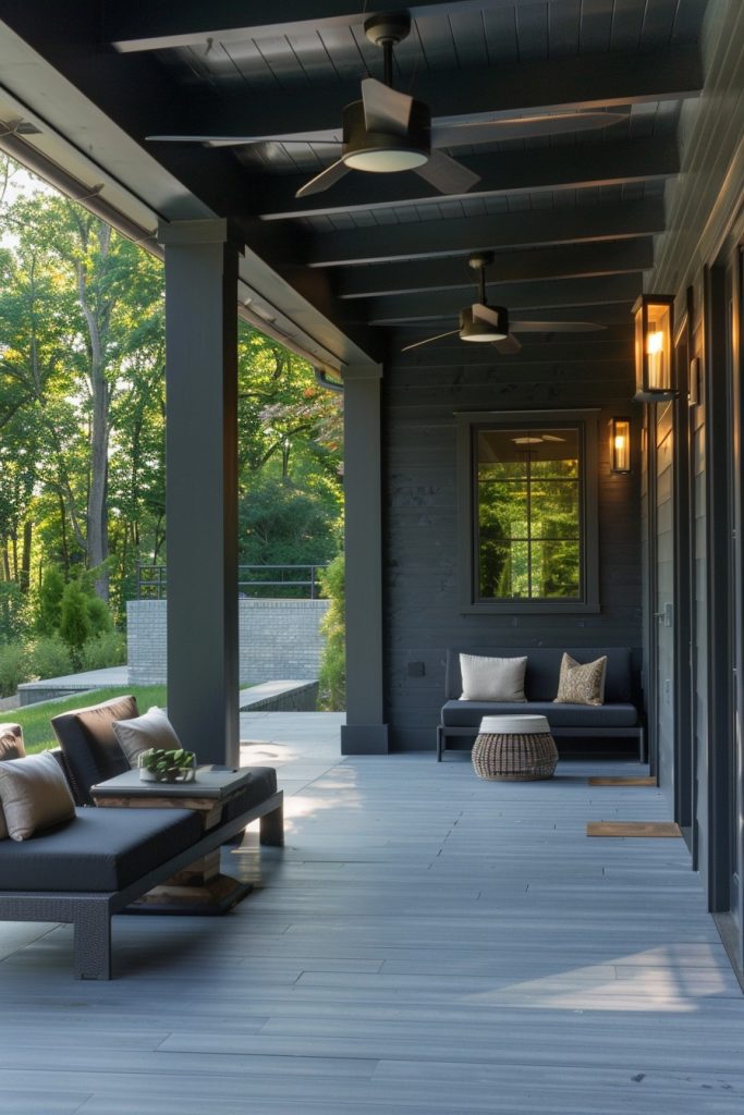 modern grey house porch with lighting fixtures