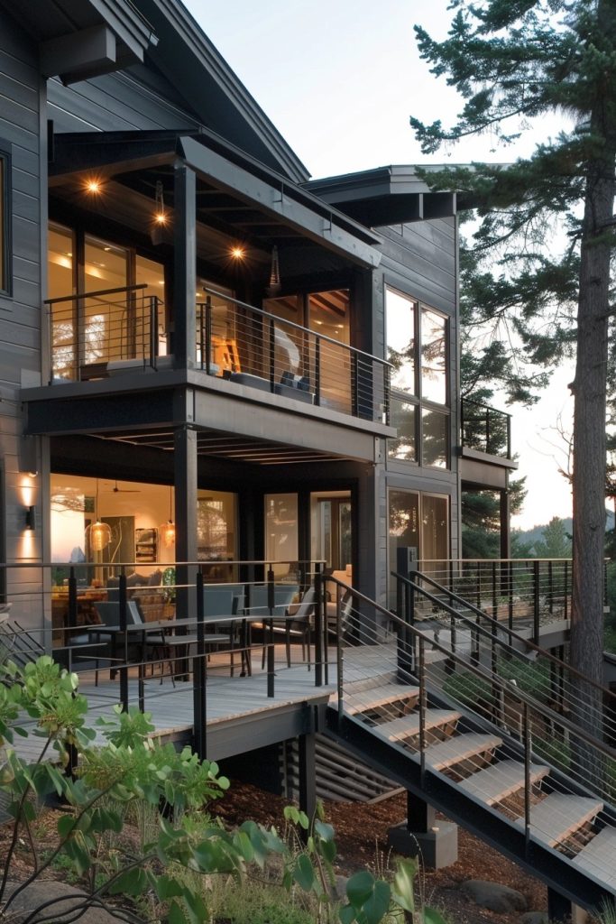 modern grey house with black stair railings