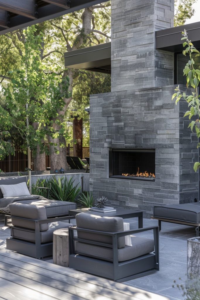 modern grey house with outdoor fireplace