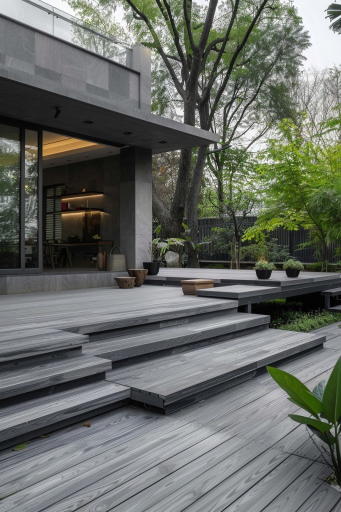 modern grey house wooden patio