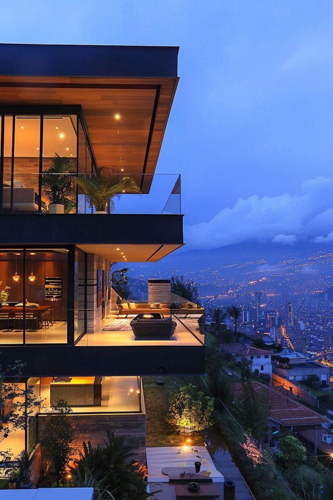 modern hillside house glass balconies