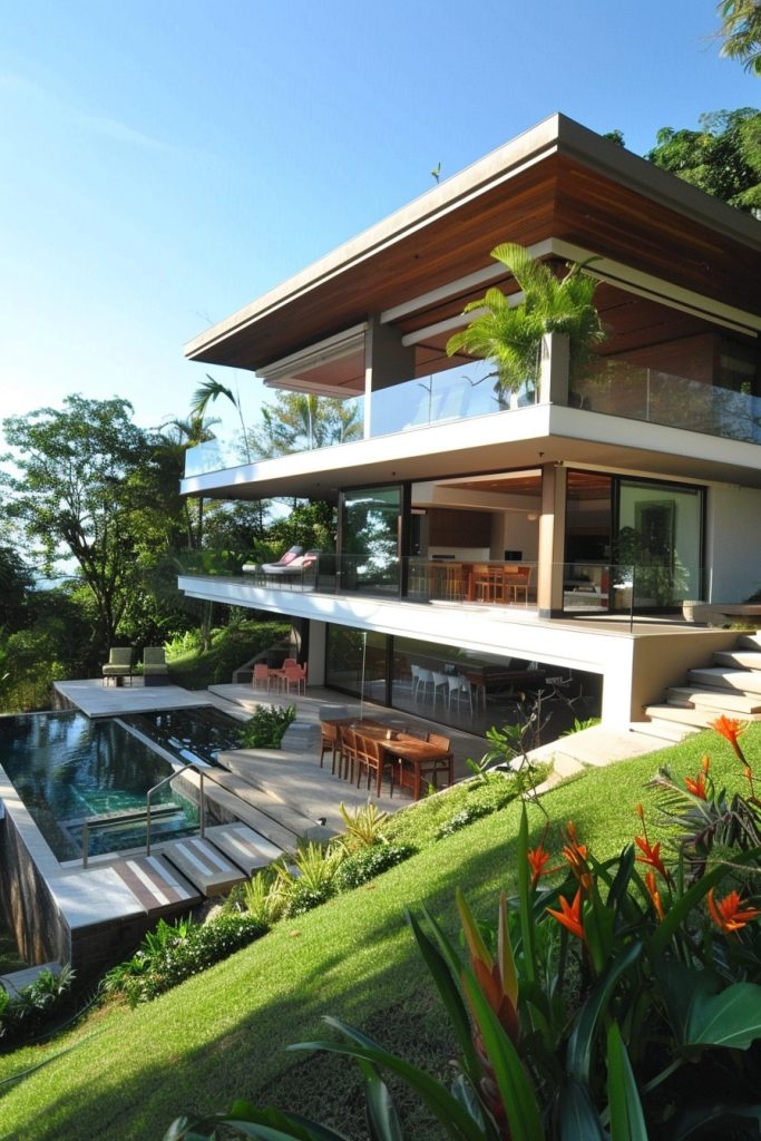 modern hillside house split level terrace