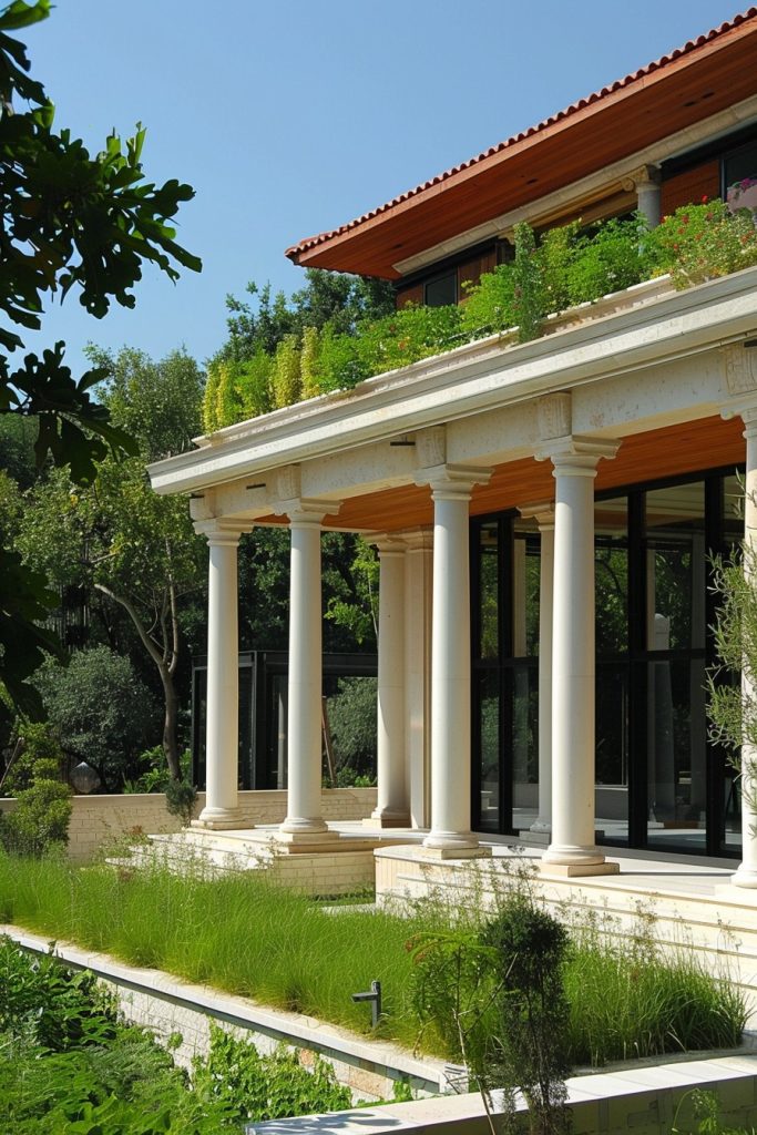 modern house classic pillars roof garden