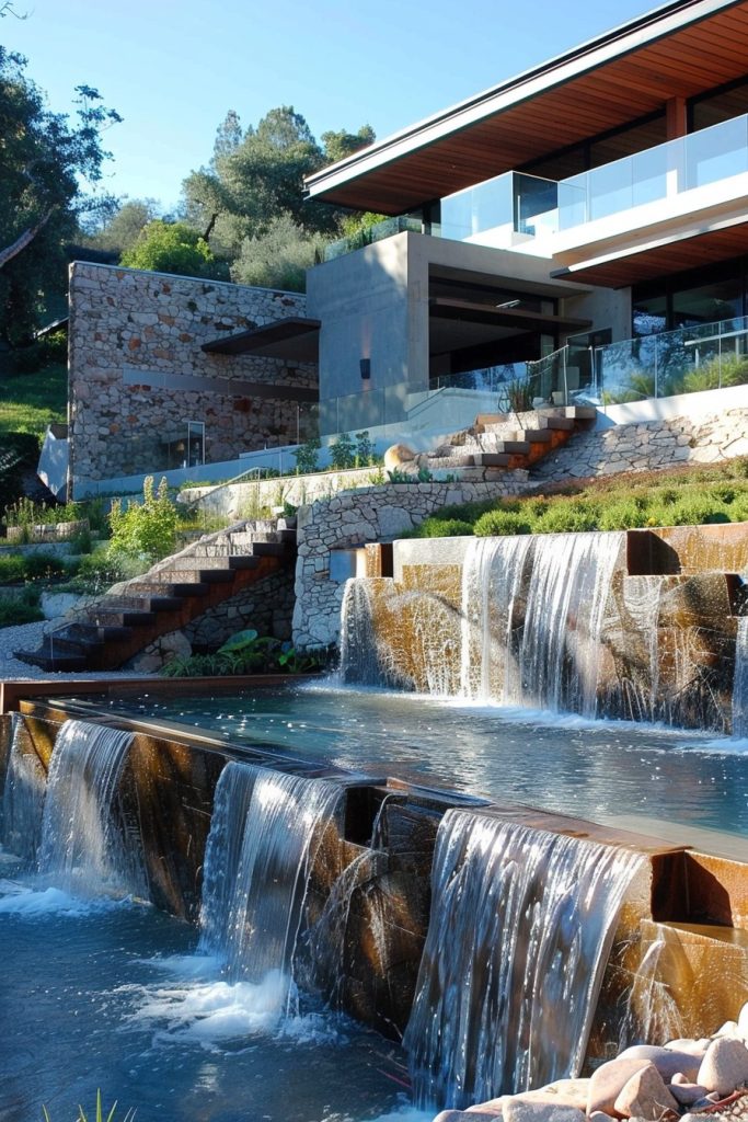 modern house with waterfalls