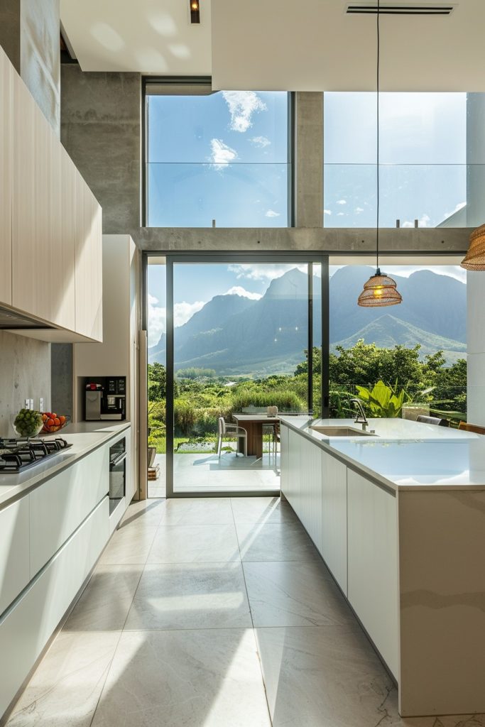 modern kitchen with outdoor dining area in the terrace