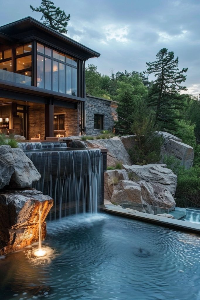 modern mountain house with pool and waterfall