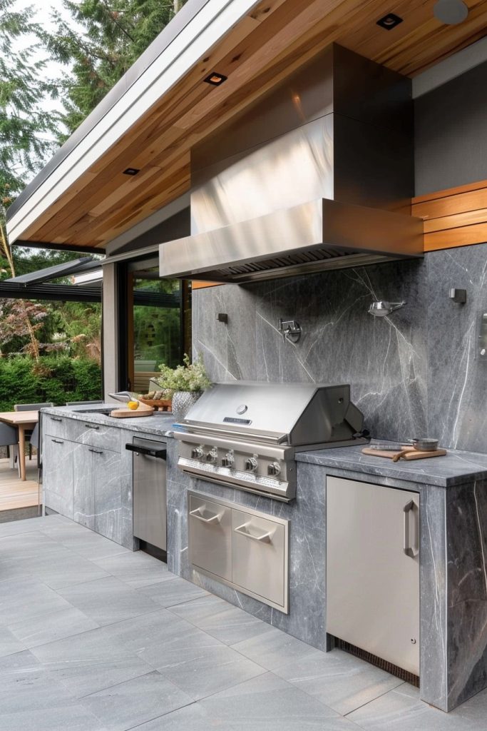 modern outdoor kitchen with grey marble backsplash