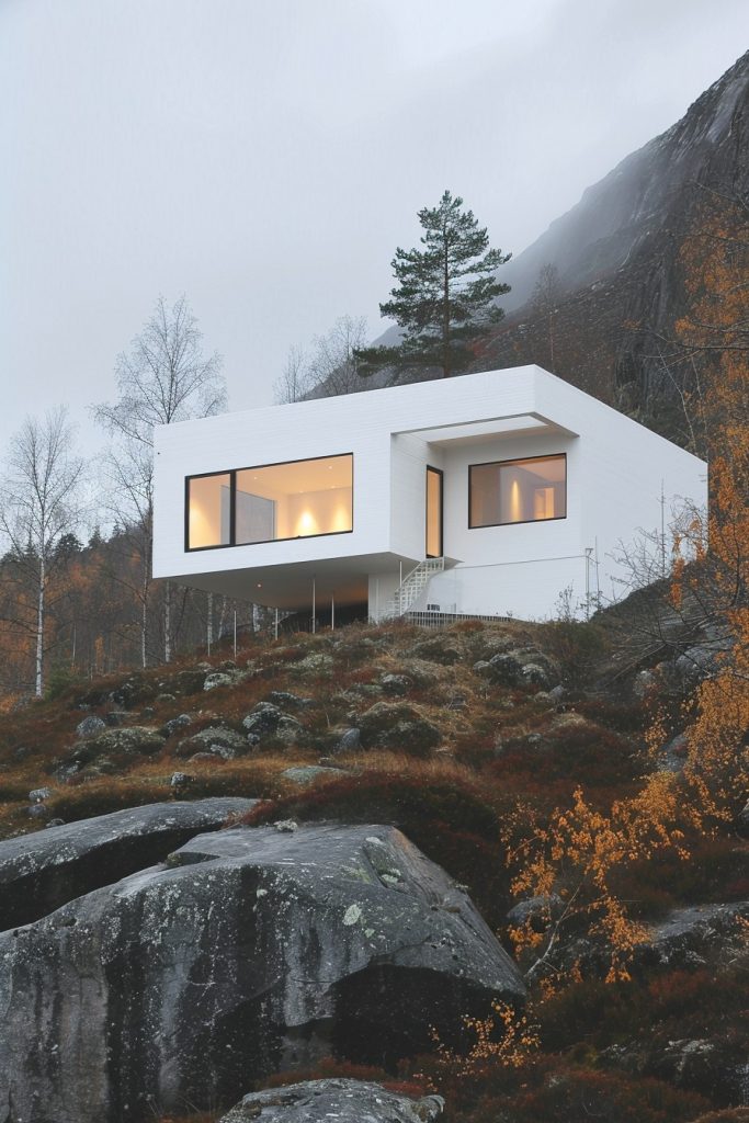 modern white hillside house