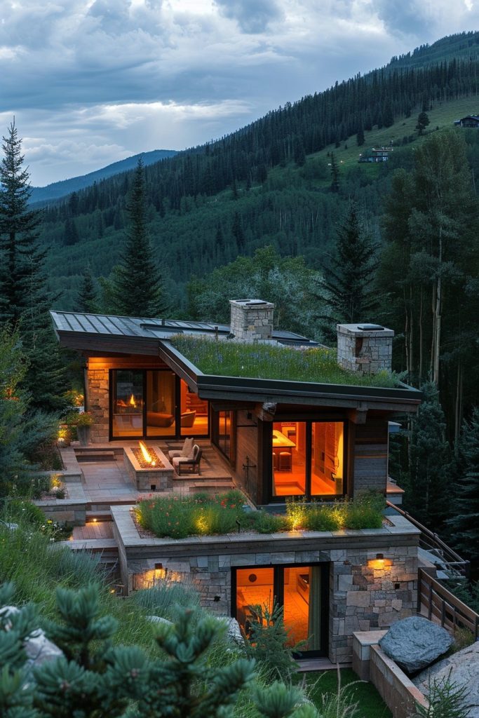 mountain cabin green roofs