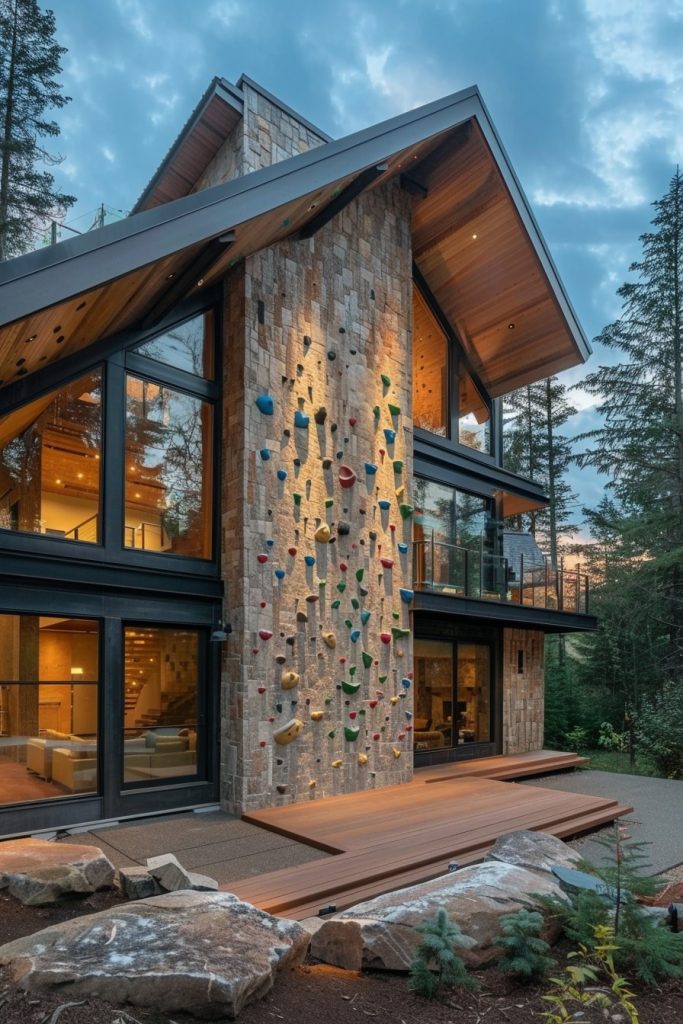 mountain cabin with climbing wall