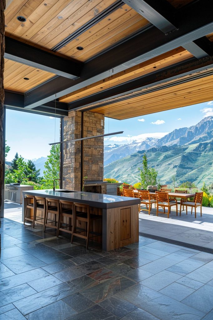 mountain home kitchen outdoor dining space