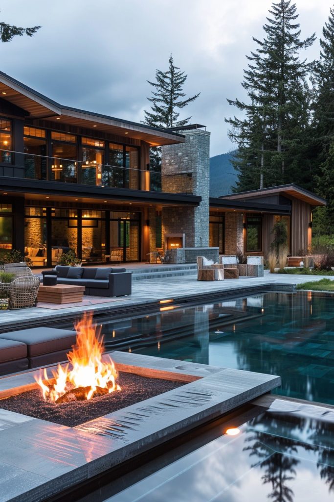 mountain house pool with firepit