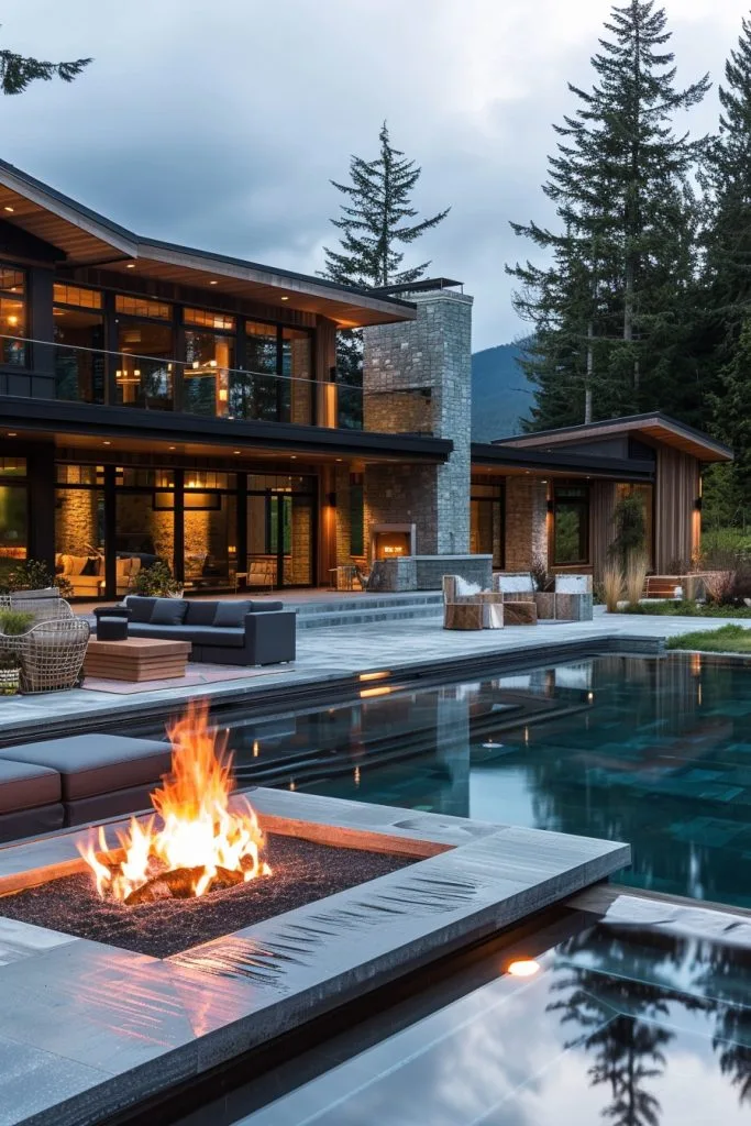 mountain house pool with firepit