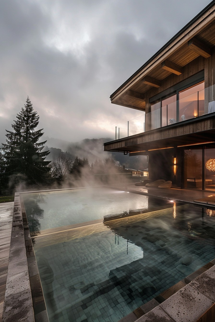 mountain house with steaming pool