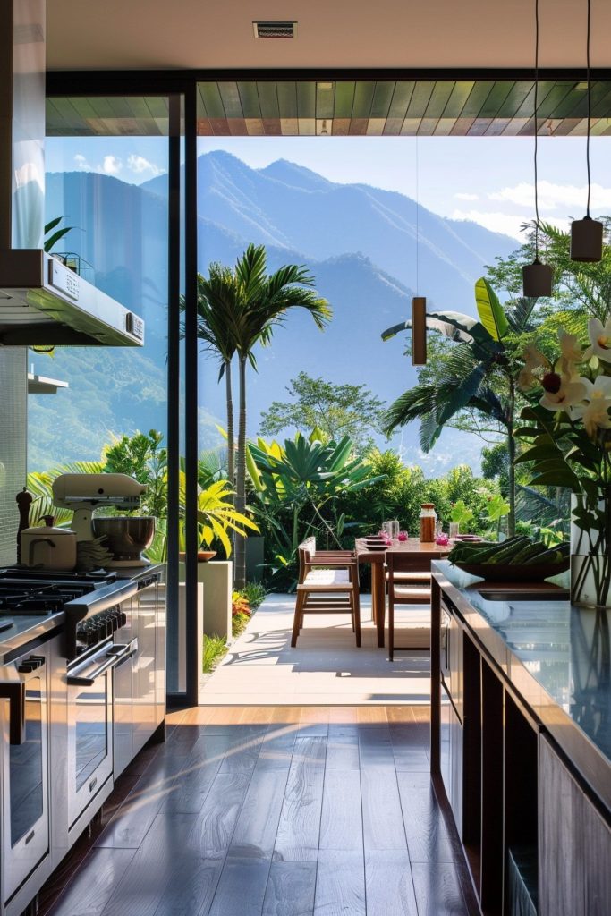 mountain kitchen extending to terrace garden