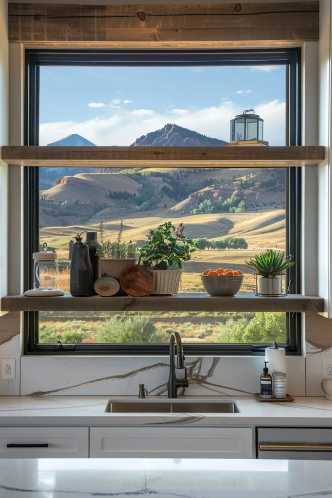 mountain kitchen window with shelves