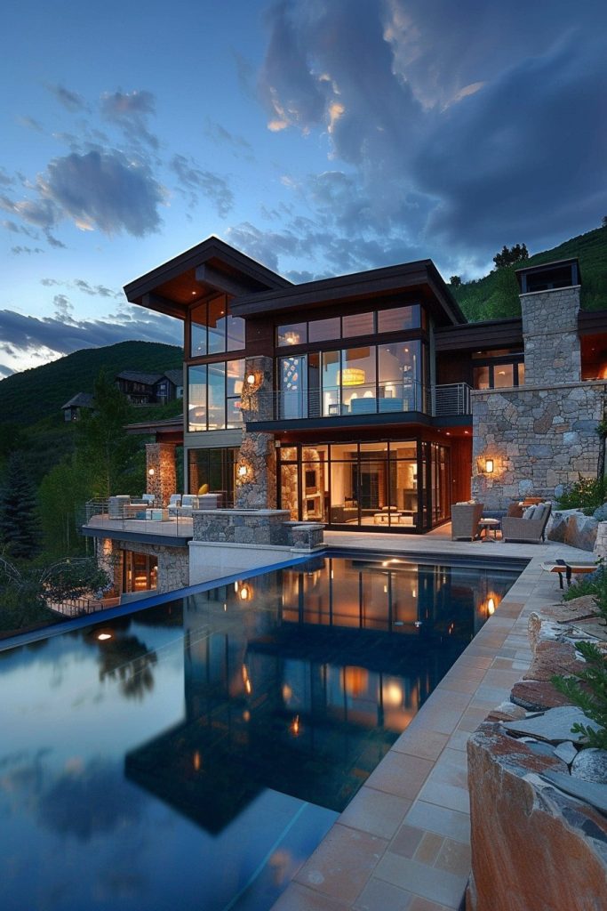 mountian home pool living area