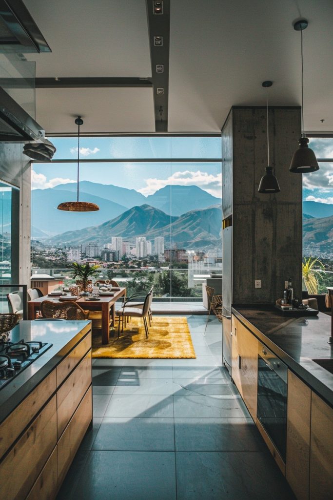 open floor kitchen and dining area with panoramic windows