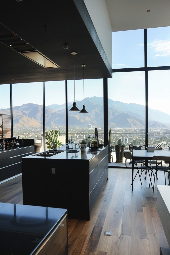 open plan kitchen with mountain views