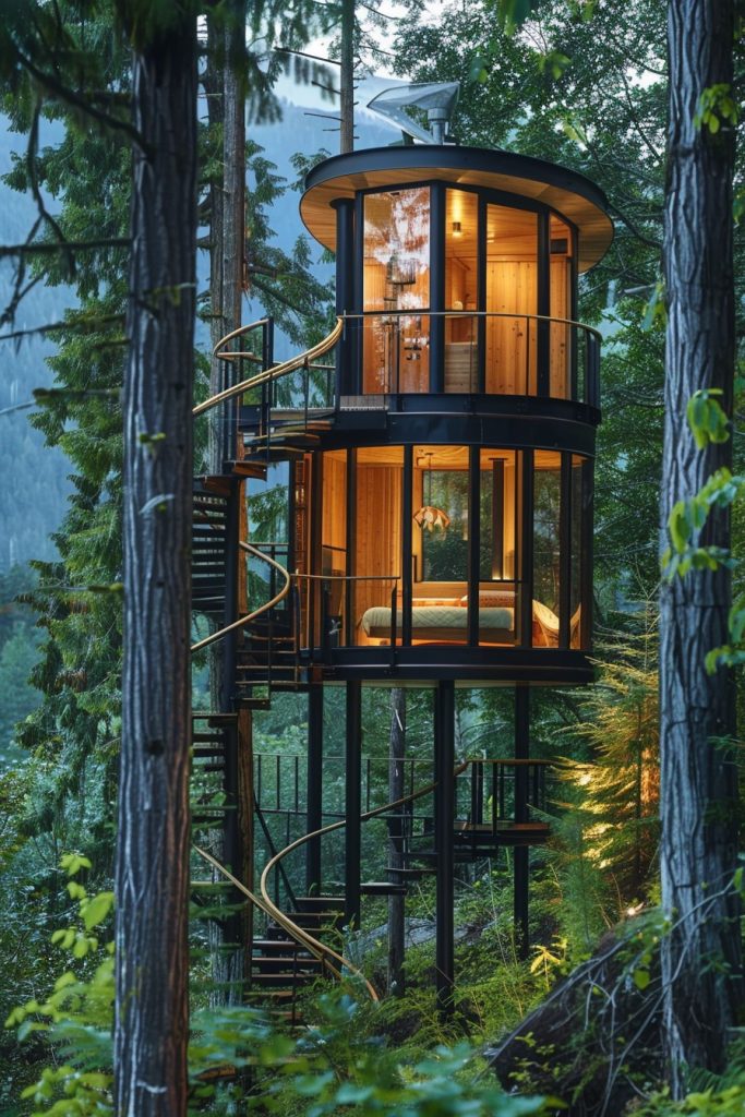 round cabin treetop stairs