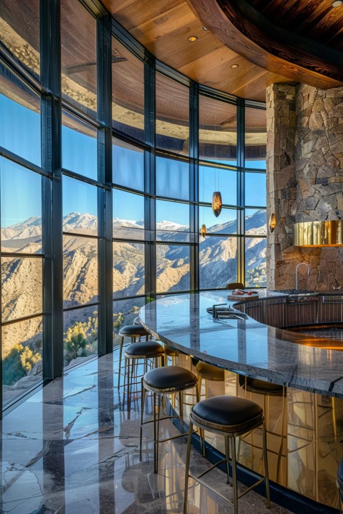 round kitchen bar with mountain views