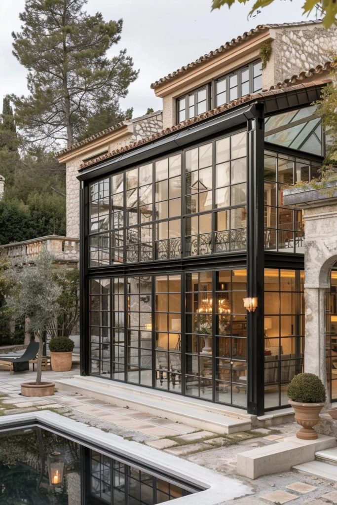 spanish villa with metal glass annex