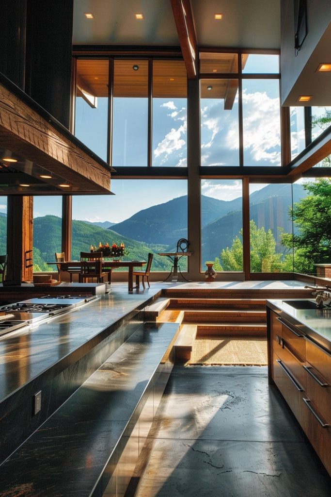 sunken kitchen with mountain views