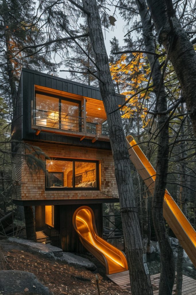 tree cabin with 2 slides