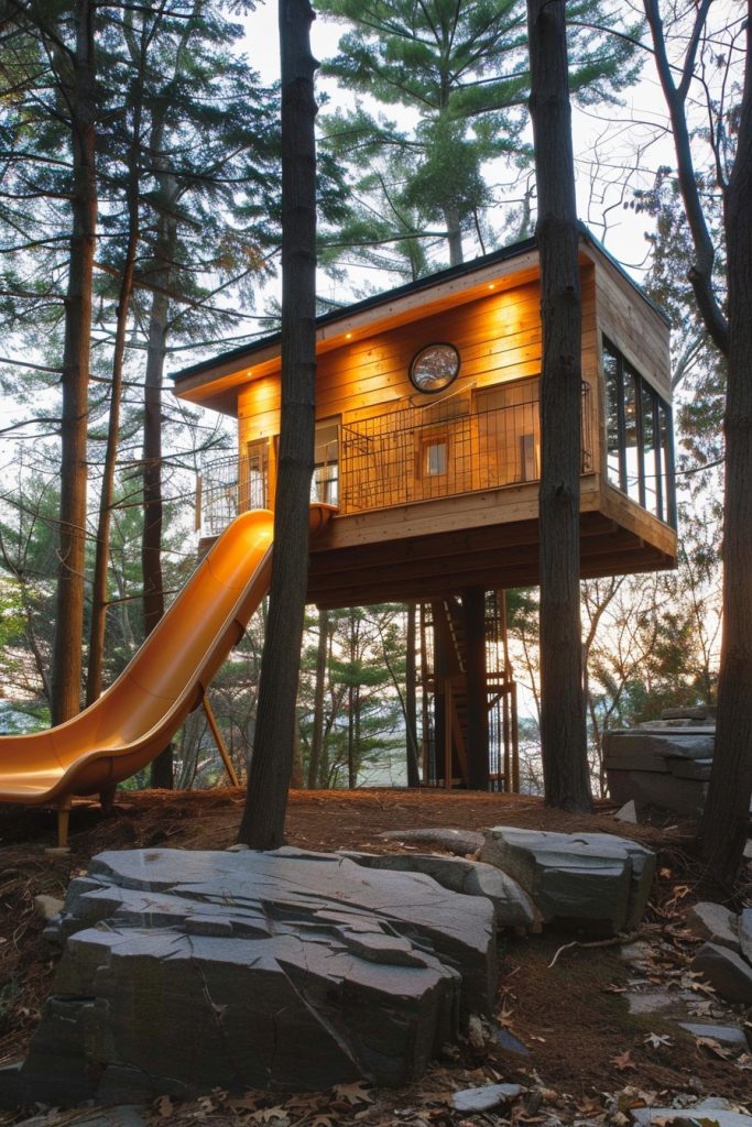 tree cabin with slide