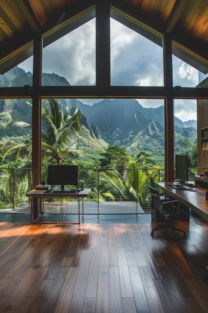 tropical home office with panoramic windows