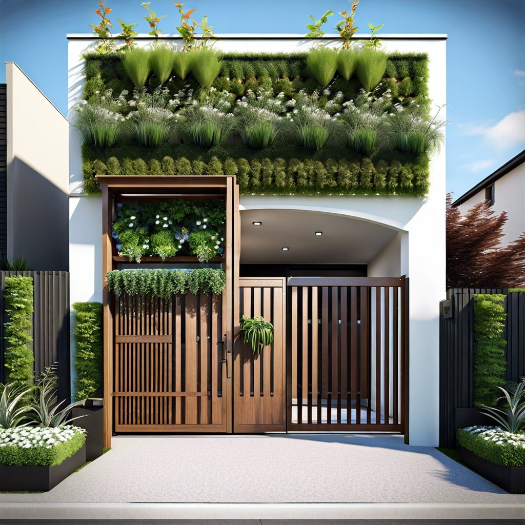 vertical garden integrated gate with planter boxes