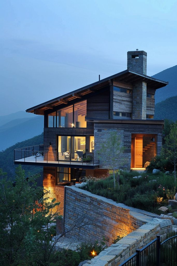 wood stone house hillside