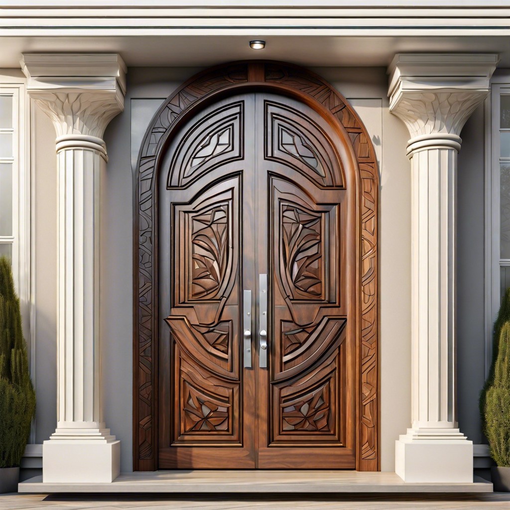 wooden door with geometric carvings