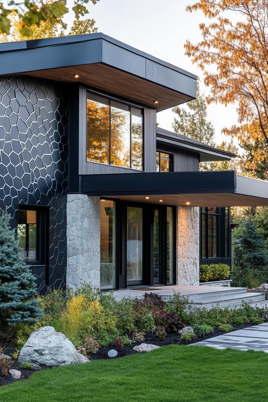 80s house exterior modern renovation facade with hexagon metal accent panels 1