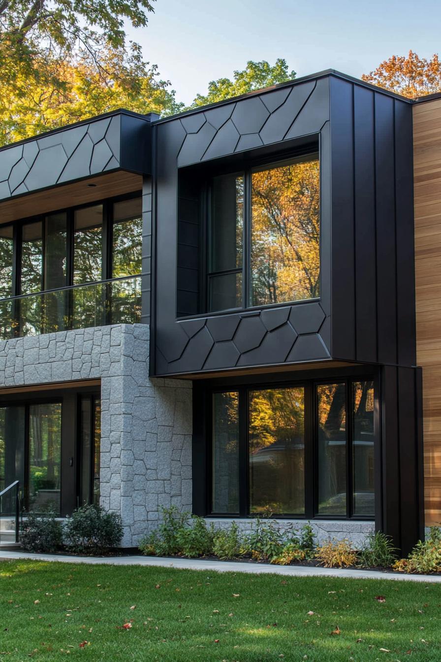 80s house exterior modern renovation facade with hexagon metal accent panels