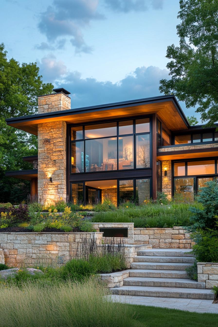 craftsman style mid century modern house with stone and wood facade on a hill among green plains 1