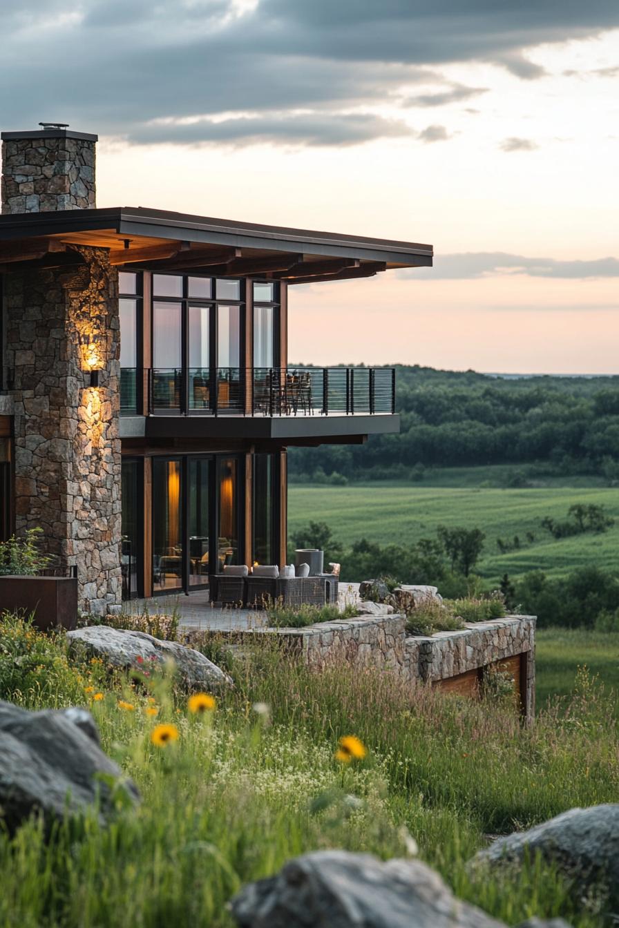 craftsman style mid century modern house with stone and wood facade on a hill among green plains 2