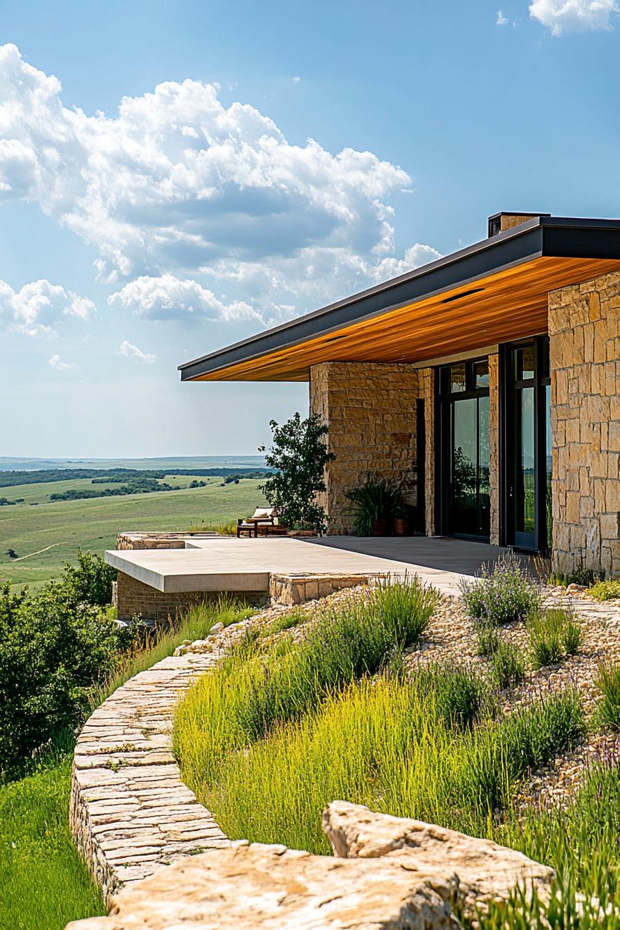 craftsman style mid century modern house with stone and wood facade on a hill among green plains 3